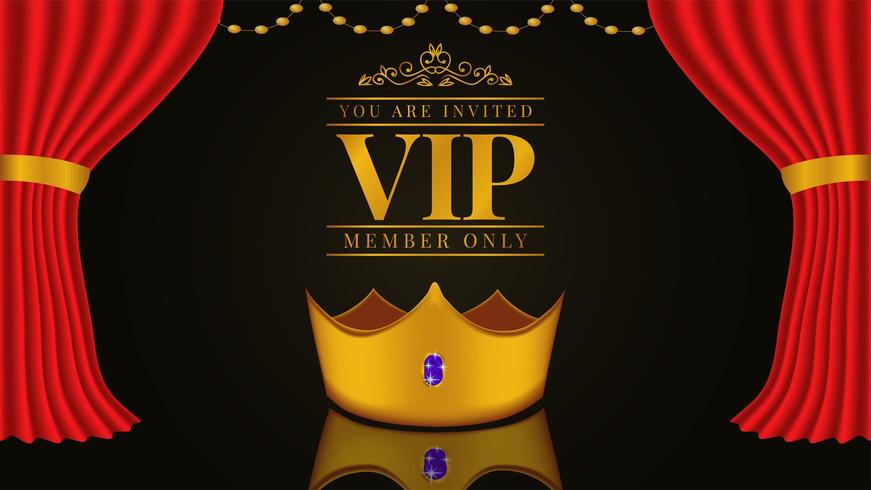 VIP-inbjudan med gyllene krona 3D och röd gardin och matta vektor