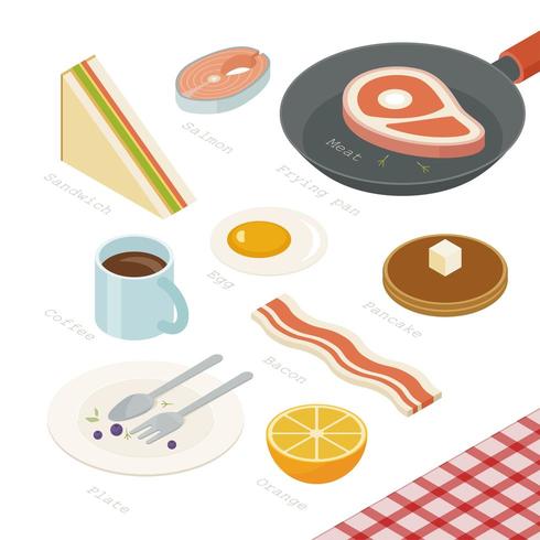 Frukostmeny isometrisk design ovanför bordet. vektor