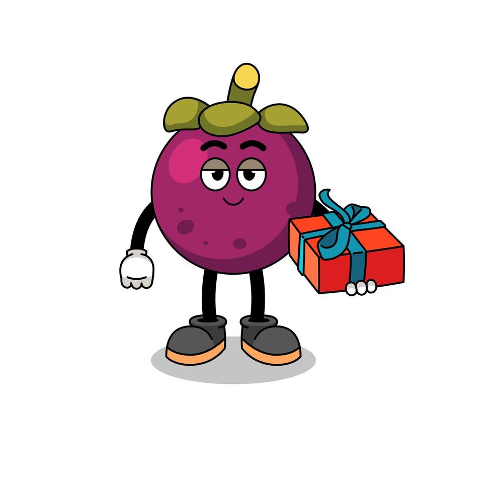 mangostan maskot illustration ger en gåva vektor