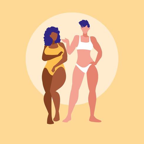 kvinnor i olika storlekar och raser som modellerar underkläder vektor