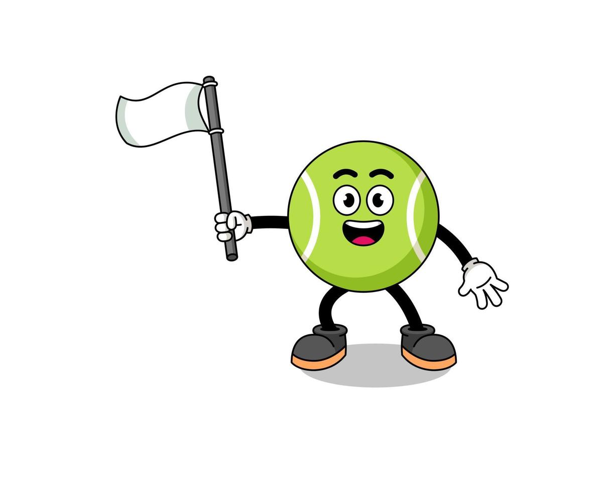 tecknad illustration av tennisboll som håller en vit flagga vektor