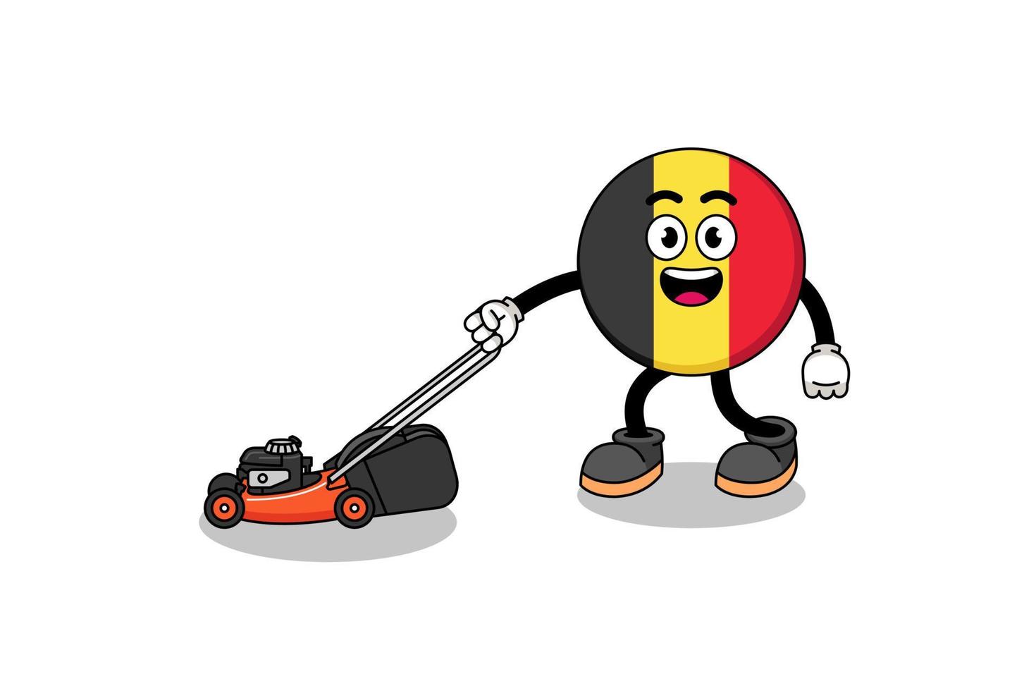 belgische flagge illustrationskarikatur, die rasenmäher hält vektor
