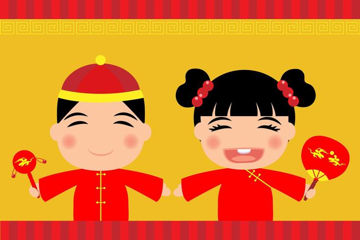 Junge und Mädchen, die chinesisches Kleid tragen vektor
