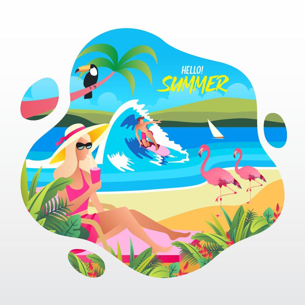 hallo sommergrußkarte mit mädchen, surfer, flamingo, palme am strand. vektor