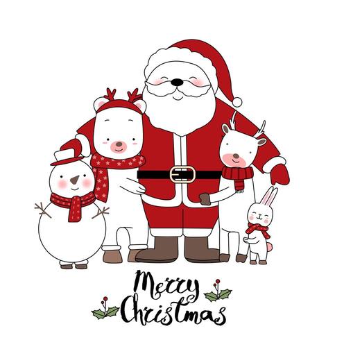 Söta festdjur med Santa Hand Drawn gratulationskort vektor