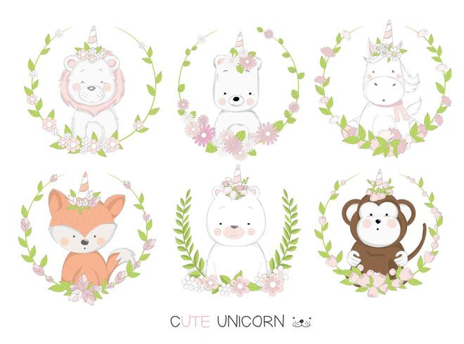 Baby unicorns i handritade set med blommiga ramar vektor