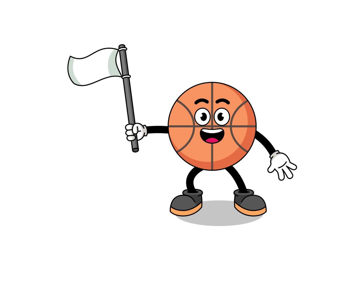 karikaturillustration des basketballs, der eine weiße flagge hält vektor