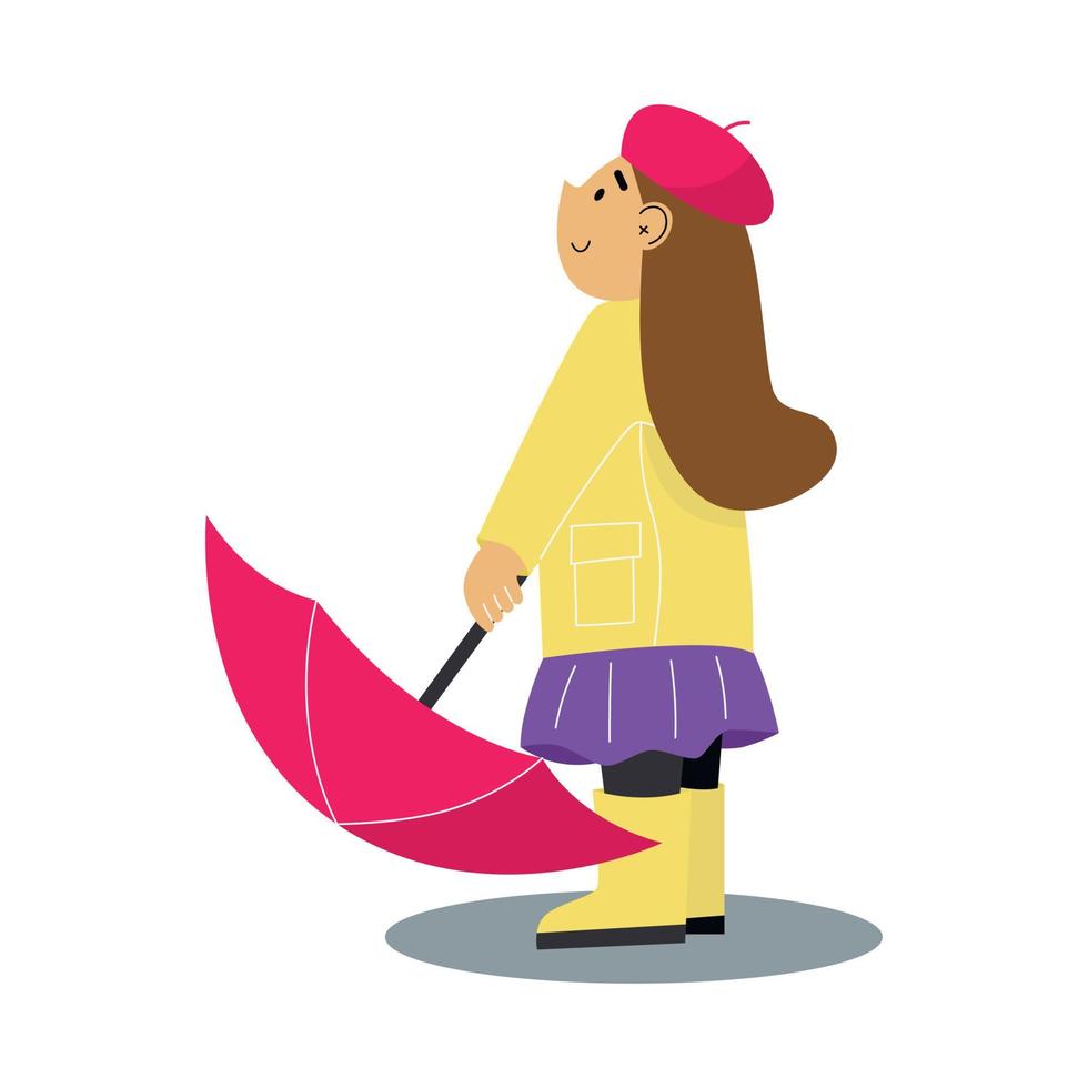 kleines Mädchen mit Regenschirm. Mädchen, das einen gelben Regenmantel und gelbe Gummistiefel trägt. Cartoon-Vektor-Illustration auf weißem Hintergrund. vektor