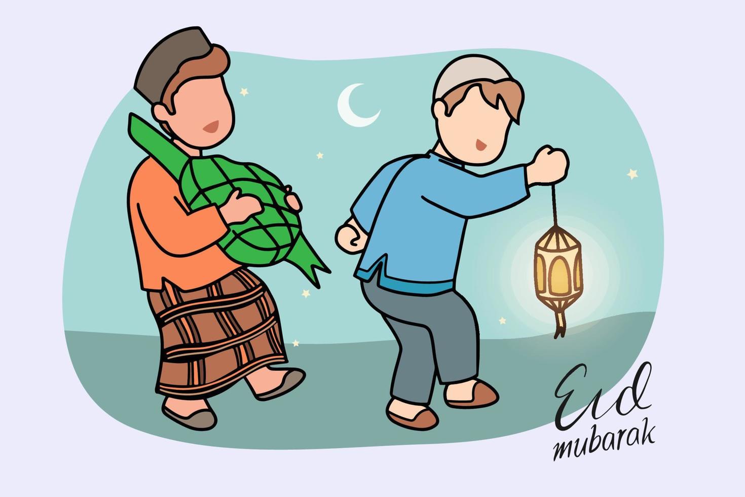 ramadan kareem. barn tar med sig ångat diamantformat ris och lyktor på ramadan eller firar eid mubarak. vektor