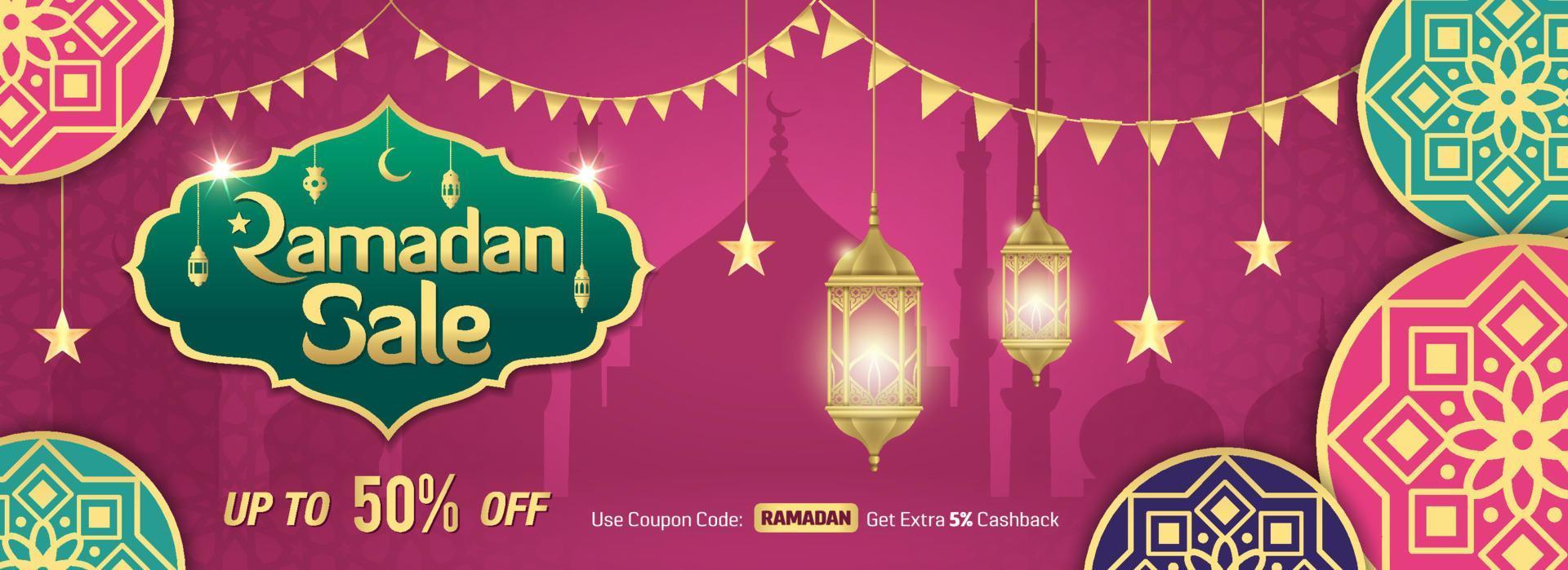 Ramadan-Verkauf, Web-Header oder Banner-Design mit golden glänzendem Rahmen, arabischen Laternen und islamischem Ornament vektor