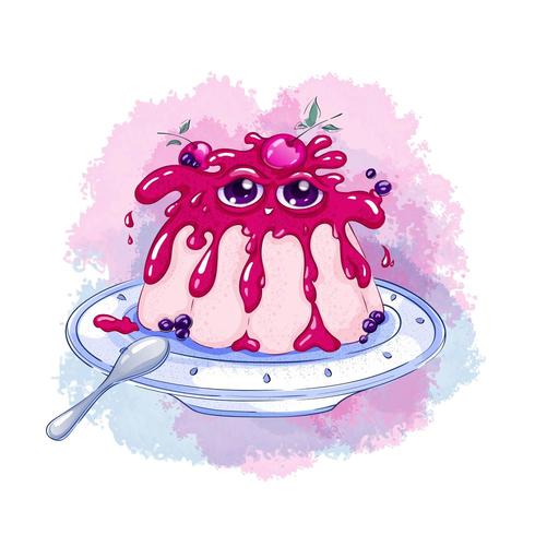 Süße Monstermarmelade auf einem rosa Pudding, der auf einer Servierplatte mit einem Löffel liegt vektor