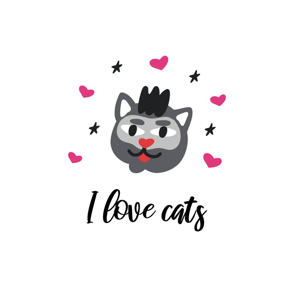 Ich liebe Katzen, eine Postkarte mit einer Katze in einer Maske mit Herzen vektor