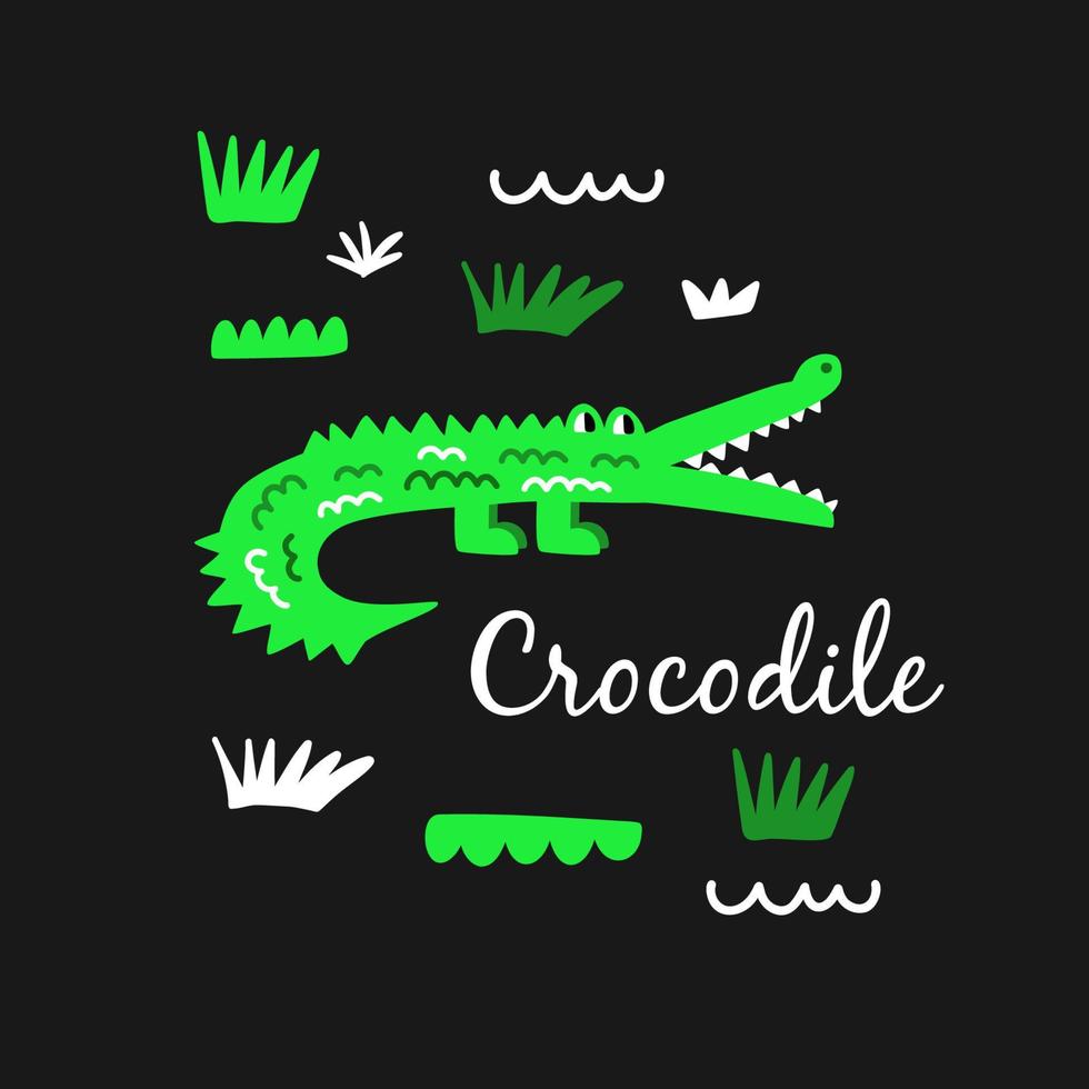 Kinderpostkarte mit einem lustigen Krokodil umgeben von Gras vektor