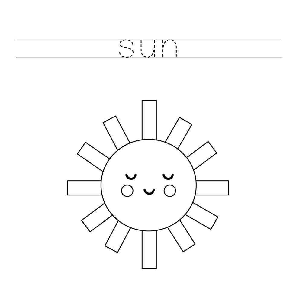 verfolge die buchstaben und male die süße kawaii sonne aus. Handschriftübungen für Kinder. vektor