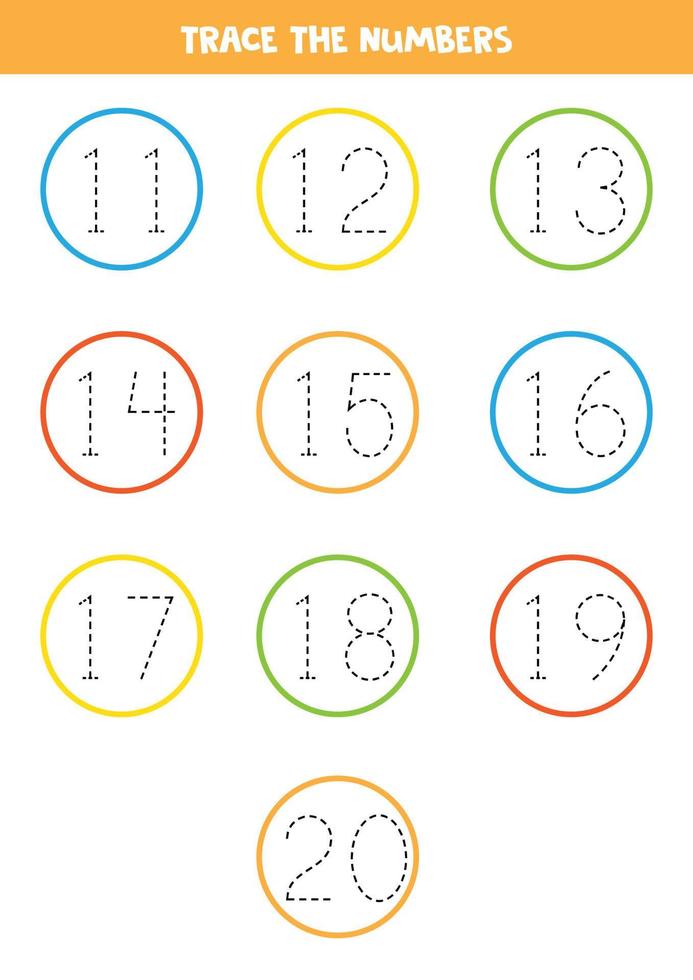 Verfolgungsnummern von 11 bis 20. Schreibübungen. vektor