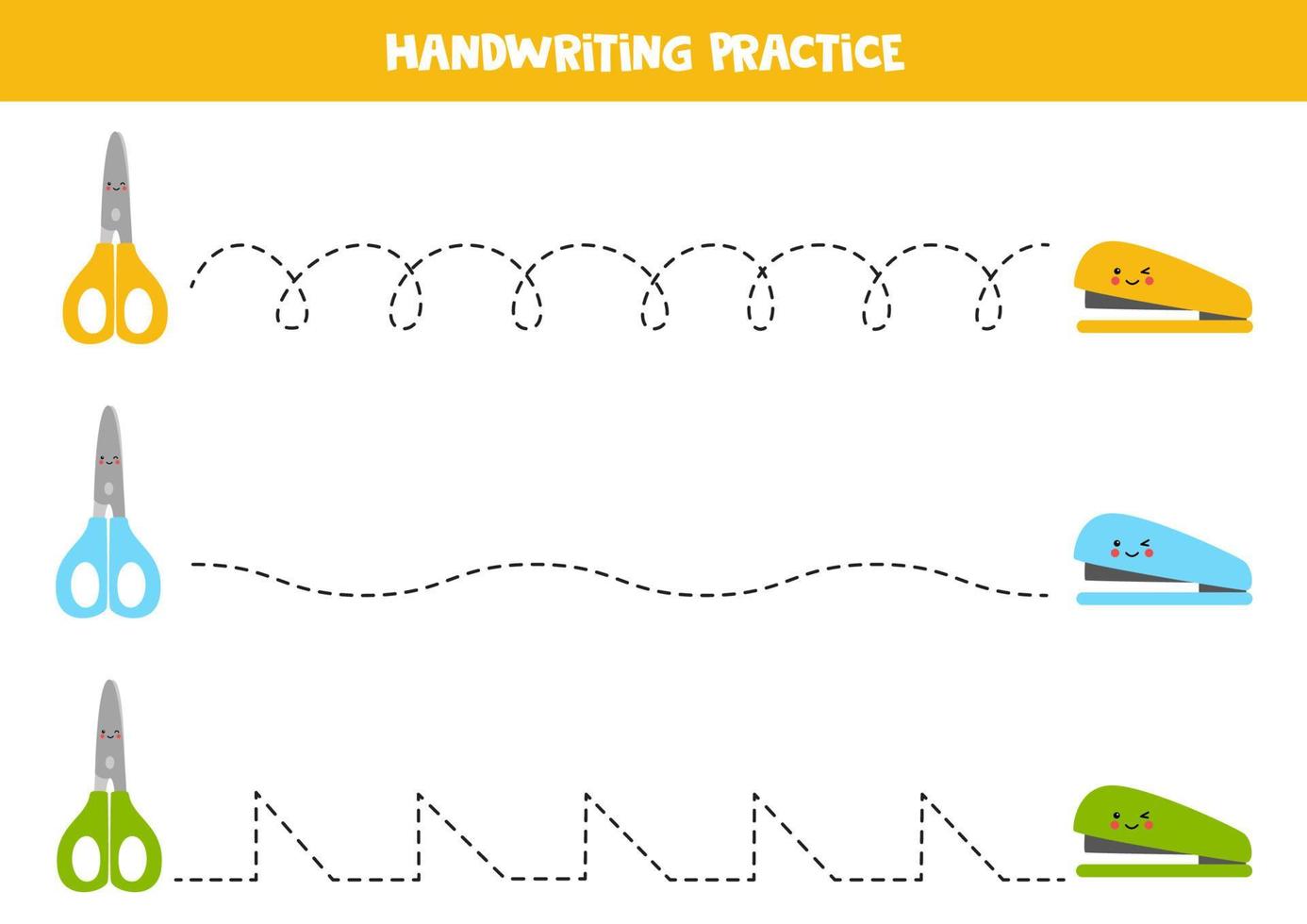 spåra linjer med färgglada saxar och häftapparater. skrivövning. vektor