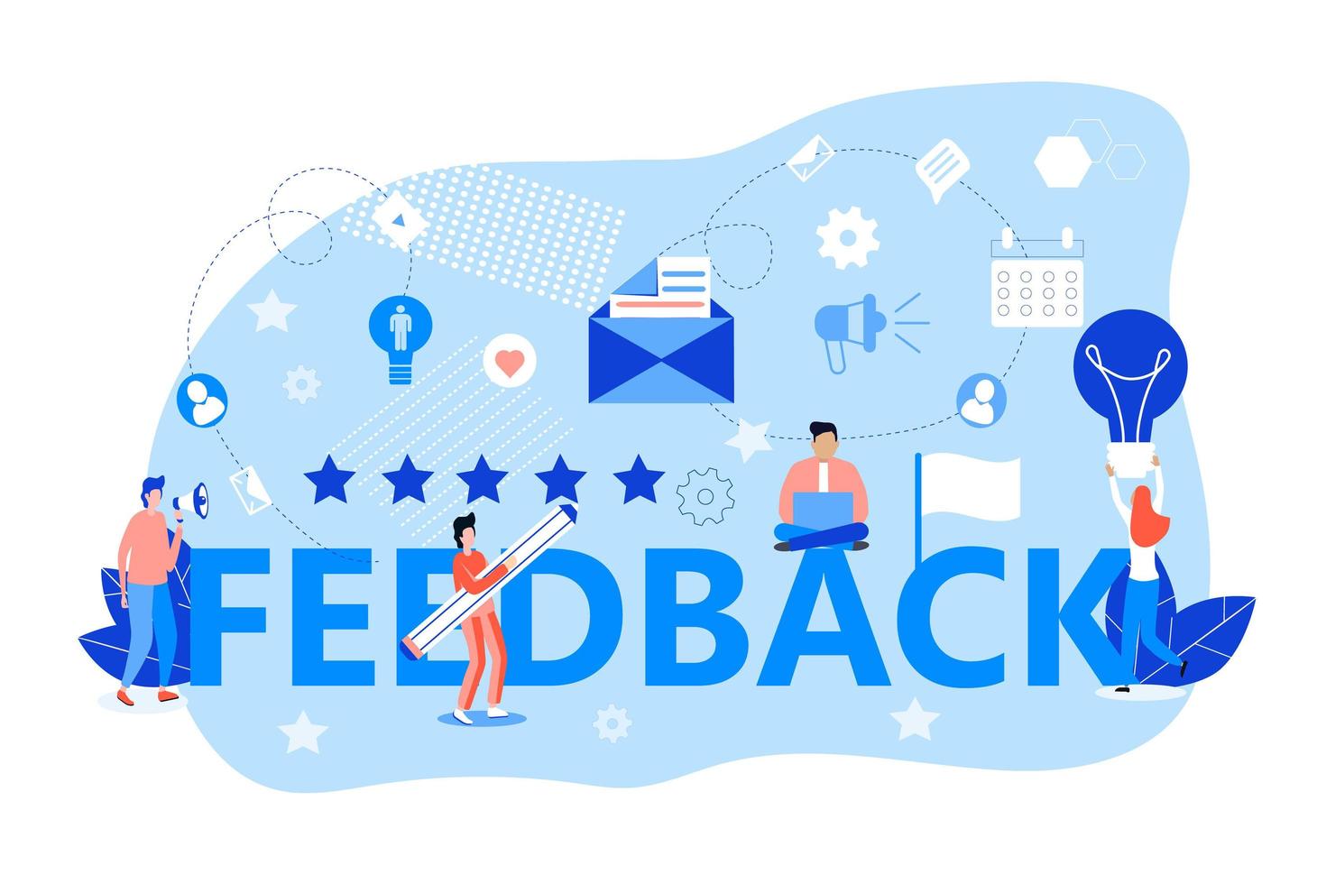 Feedback-Konzeptvektor. Benutzer geben Fünf-Sterne-Feedback. Kunden wählen die beste Bewertung. leute, die eine positive bewertung schreiben. Feedback-Verbraucherillustration für Web, soziale Netze vektor