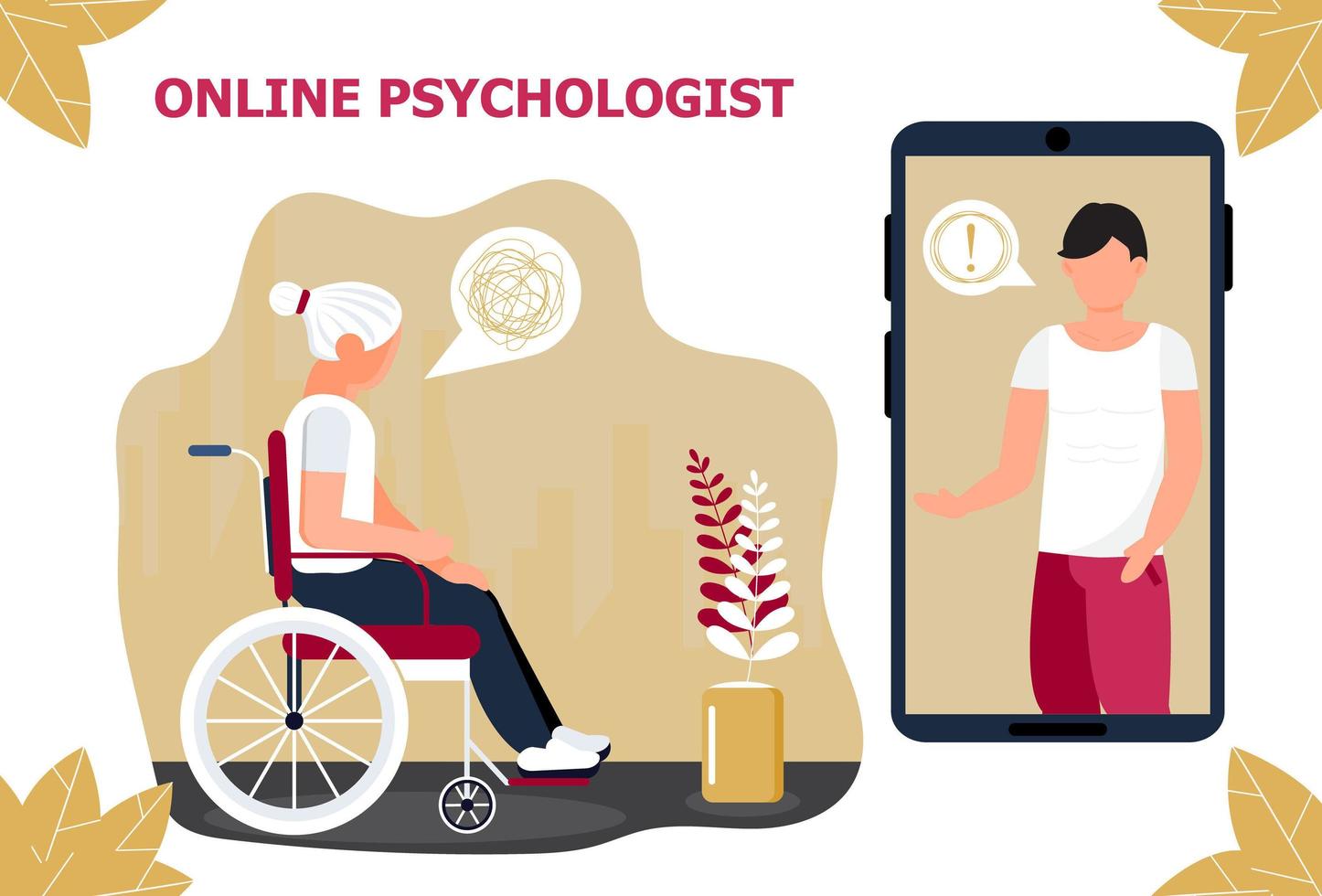 Online-Psychologe-Konzeptvektor. ältere behinderte frauen erhalten eine professionelle psychologische beratung. depression, traurigkeit, illustration der psychischen gesundheit im flachen stil.online, hilfedienst vektor