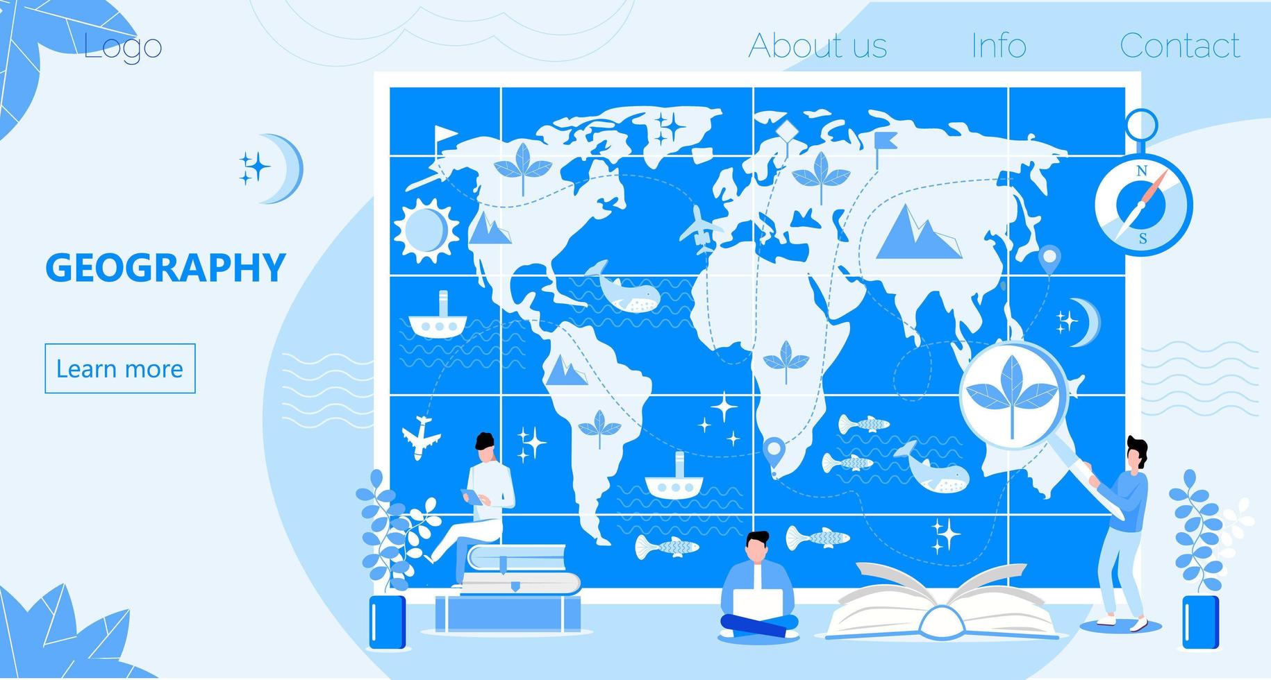 atlas mit metriken, kompass und ozeankonzeptvektor. Geographen studieren die Erde. geographie online und topographieforschungsillustration. lehrer vor karte in der schule vektor