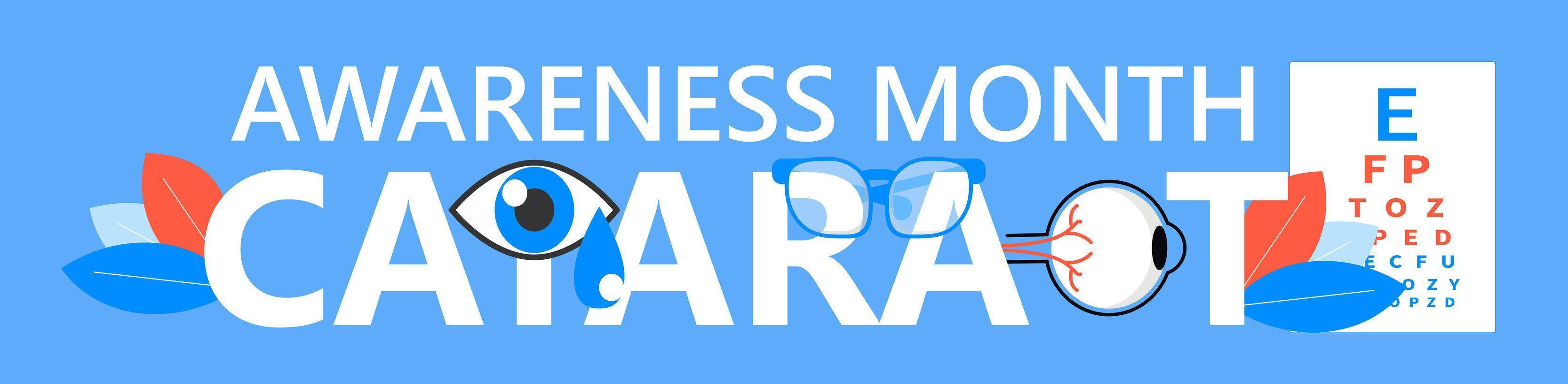 Im Juni wird der Cataract Awareness Month gefeiert. Glaukom-Erkrankung und Nephropathie-Probleme. augenarzt-konzeptillustration. Sehtest mit winzigen Personen für Apps vektor