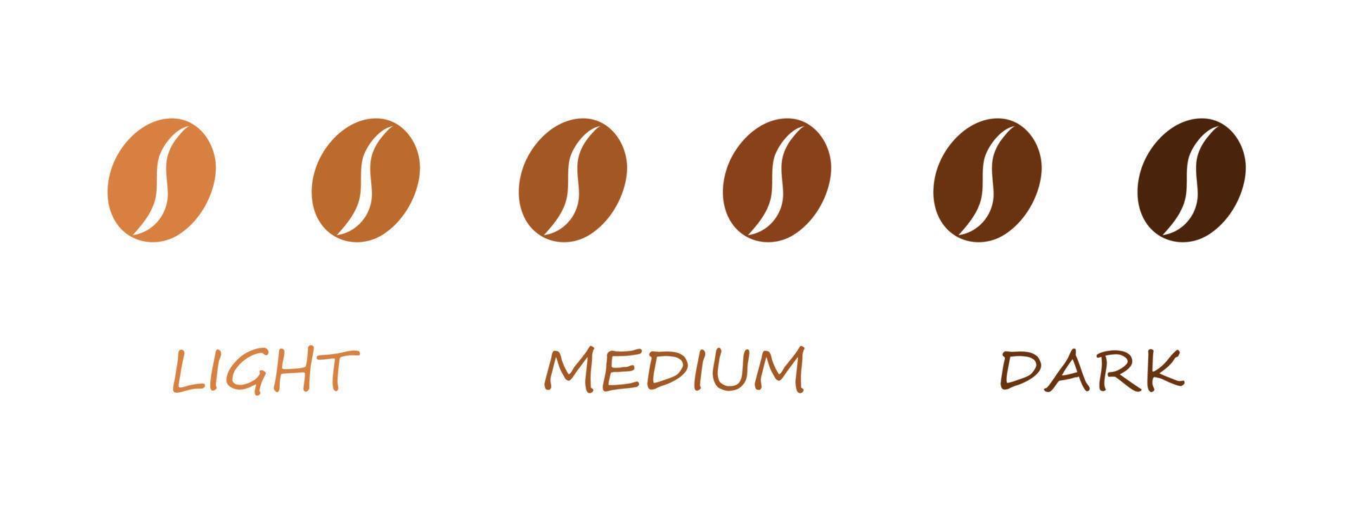 kafferostnivå - ljus, medium, mörk ikon. vektor illustration. kaffebönor isolerad på vit bakgrund.