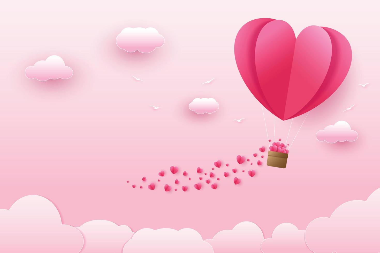 Illustration von Liebe und Valentinstag, herzförmiger Ballon mit vielen kleinen Herzen, die am Himmel schweben. Papierkunst und digitale Bastelmuster vektor