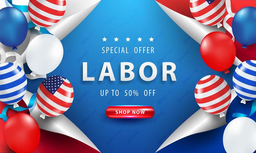 Labor Day Sale-affisch med ballonger och sidokrull vektor