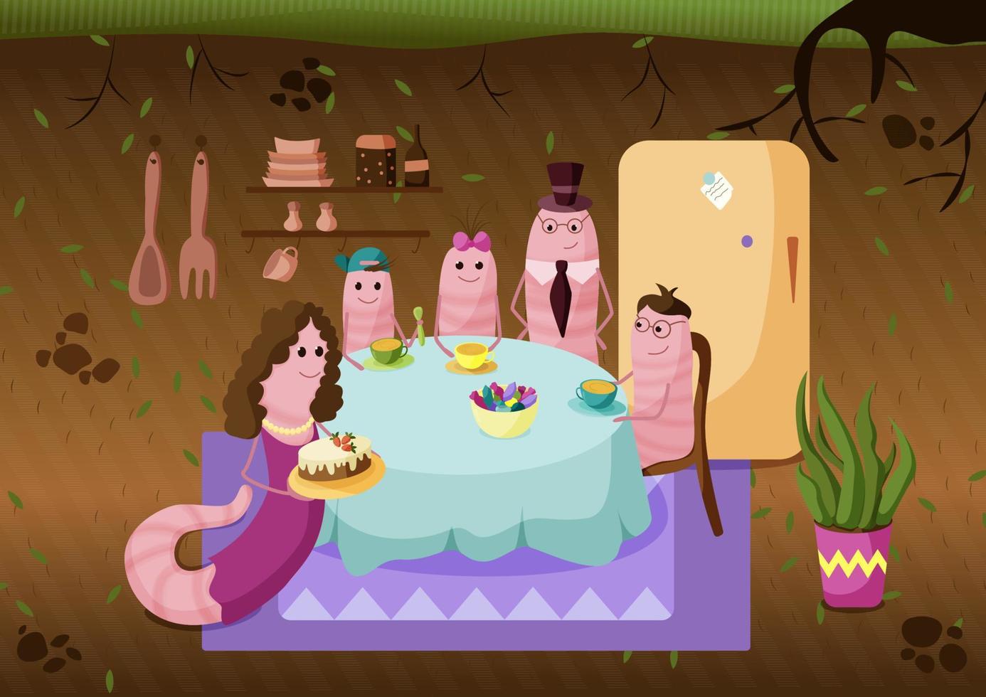 Eine Familie von Würmern sitzt am Esstisch und trinkt Tee. Mama trägt einen Kuchen vektor