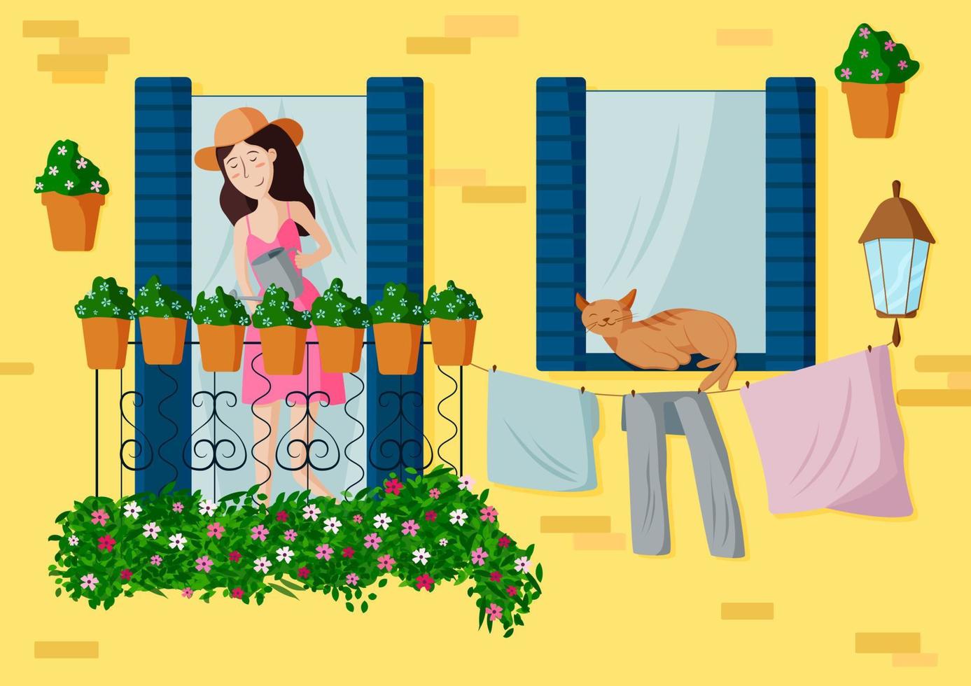 flicka i en rosa klänning och hatt vattna blommor på balkongen. katten ligger på fönstret vektor
