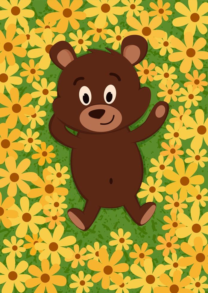 Brauner Teddybär liegt in gelben Blüten vektor
