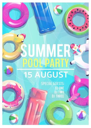 Sommer Beach Party Poster mit verschiedenen Arten von Pool schwimmt vektor