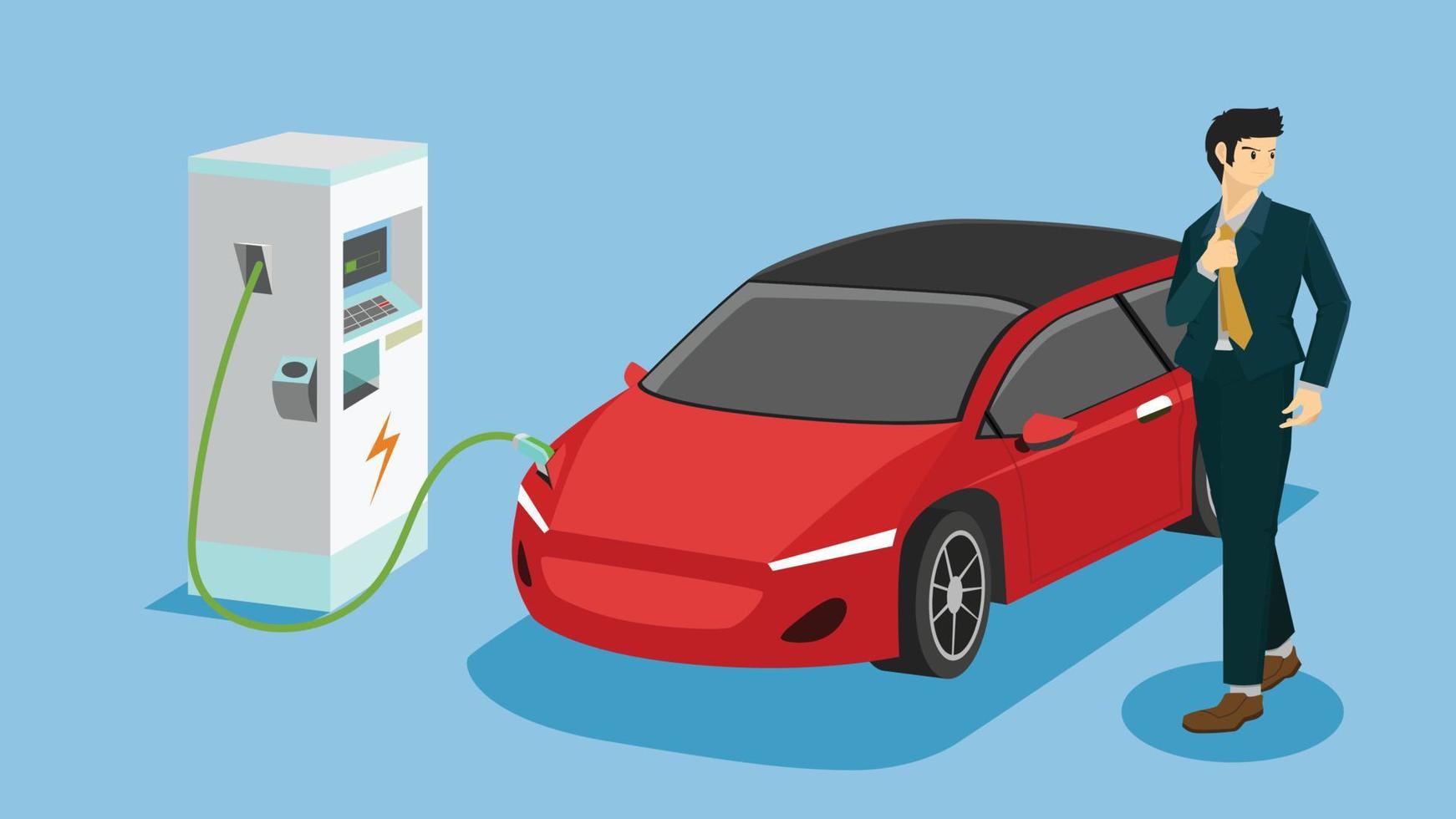 affärsman med elfordon sportbil laddning parkering vid laddstationen med en plug in kabel. laddning i ovansidan av bilen till batteri. isolerade platt vektor på blå bakgrund.