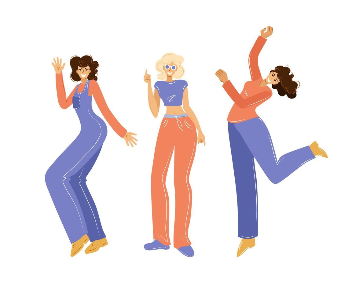 roliga kvinnor som dansar och hoppar på en vit bakgrund. en fest. vektor illustration.