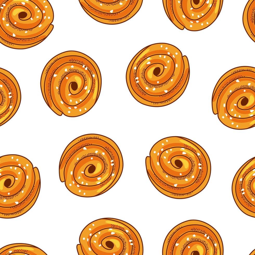 kanelbullar på en vit bakgrund sömlösa mönster. nybakad söt tårta. tecknad vektorillustration vektor