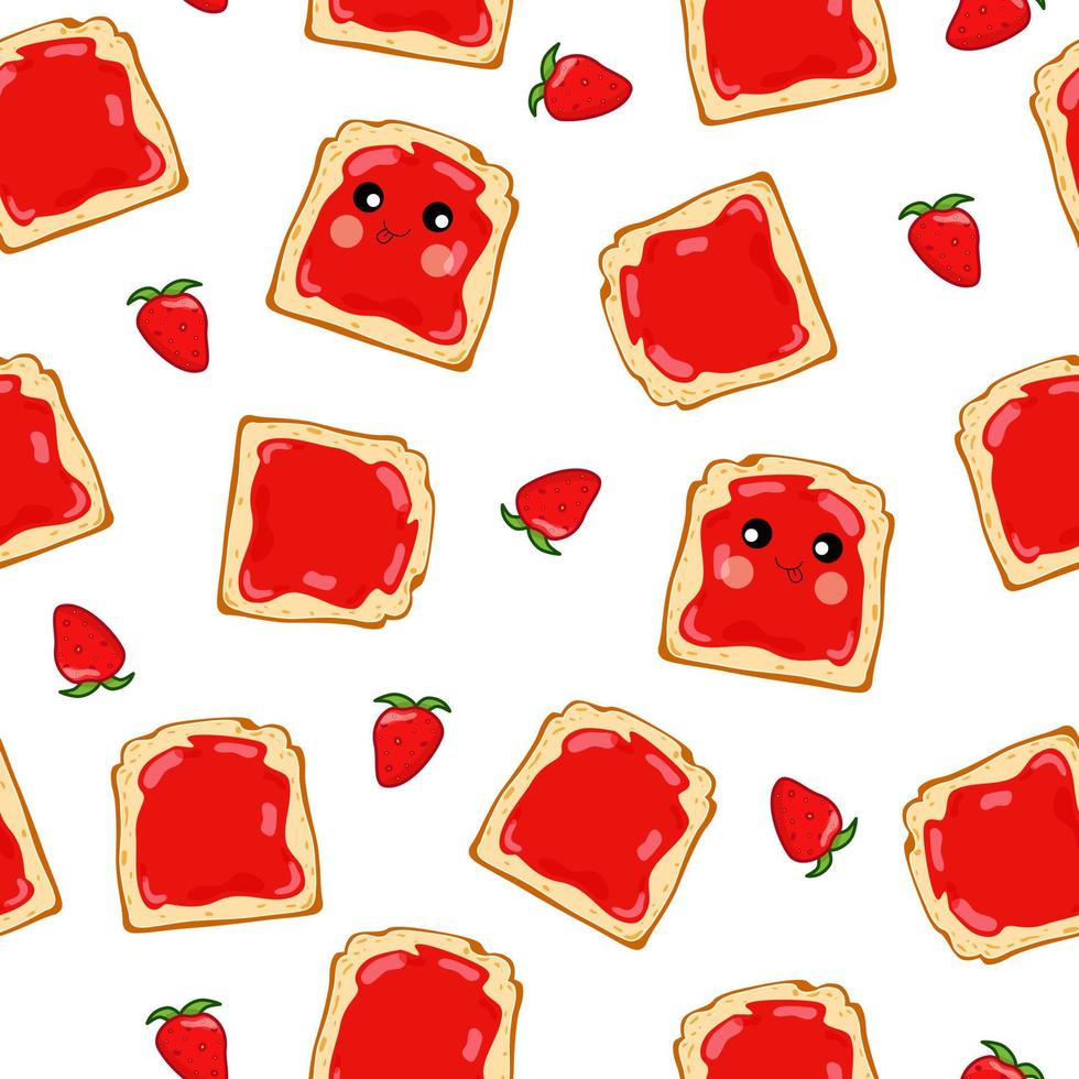 Sandwich mit Erdbeermarmelade und Erdbeeren nahtlose Muster auf weißem Hintergrund. Cartoon-Vektor-Hintergrund. vektor