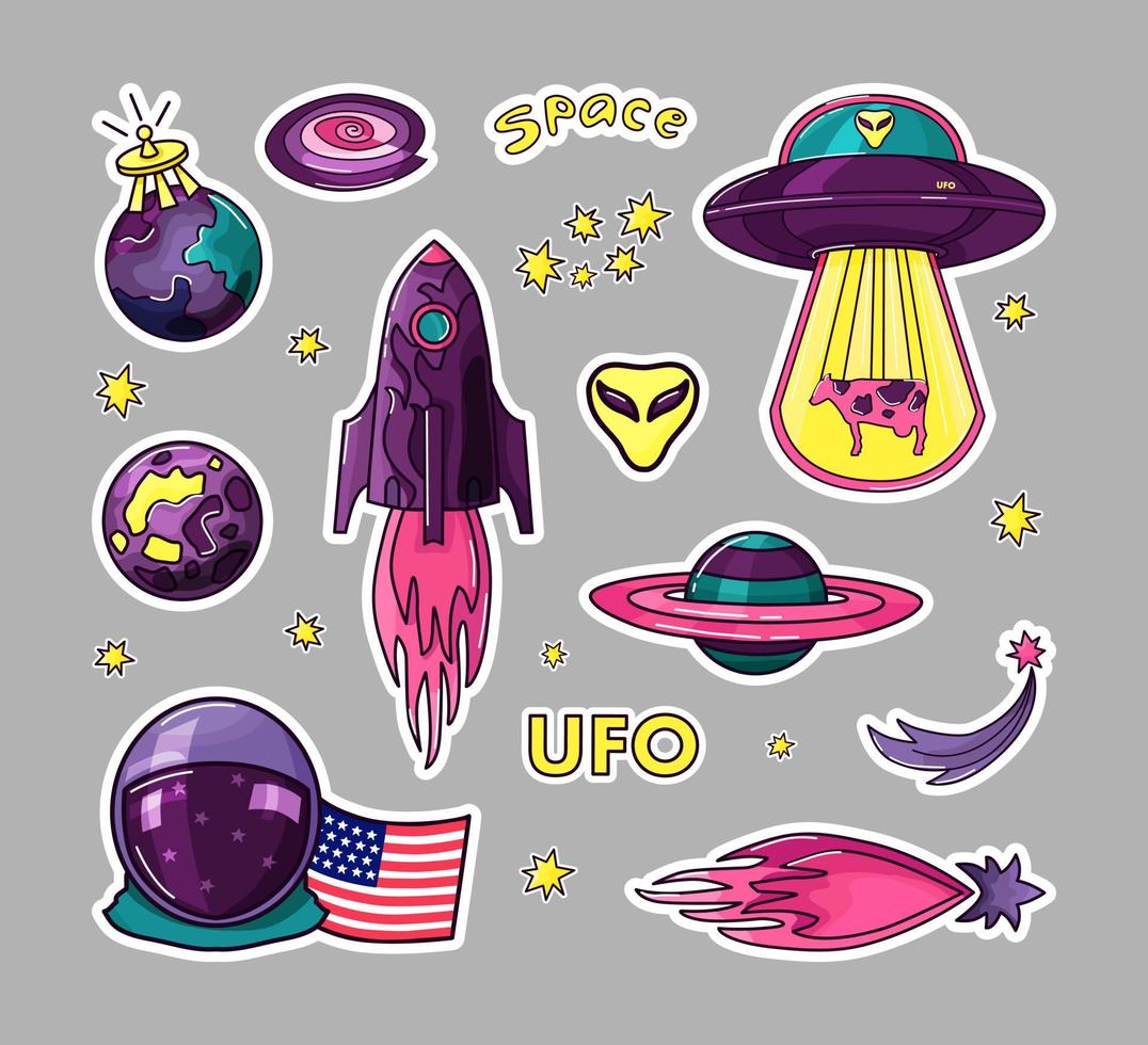 Cosmos ist ein Sticker-Set für Kinder. rakete, ufo, planeten, sterne, astronaut. Vektor. vektor