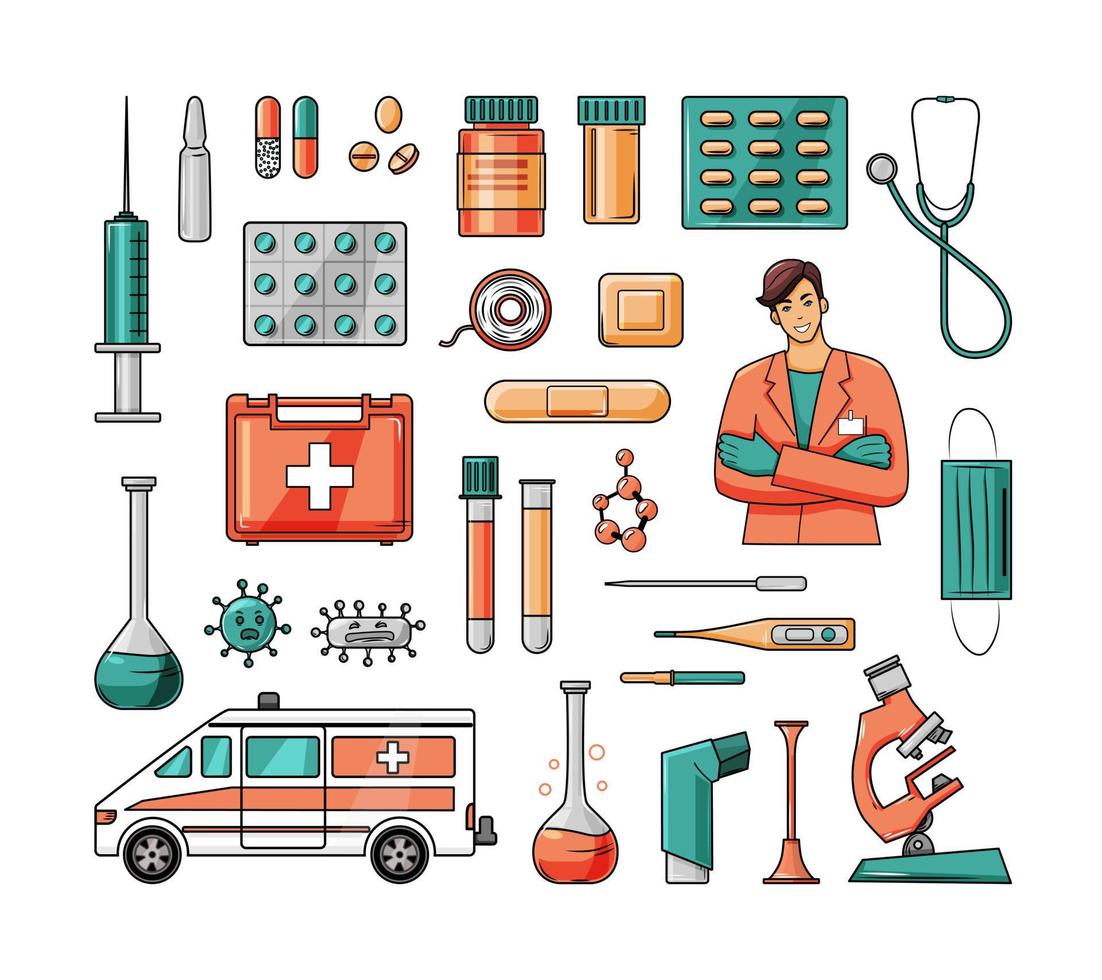 Große Auswahl an medizinischen Instrumenten, Medikamenten und einem Arzt. Erste-Hilfe-Kasten. Vektor bunte Elemente. Karikatur.
