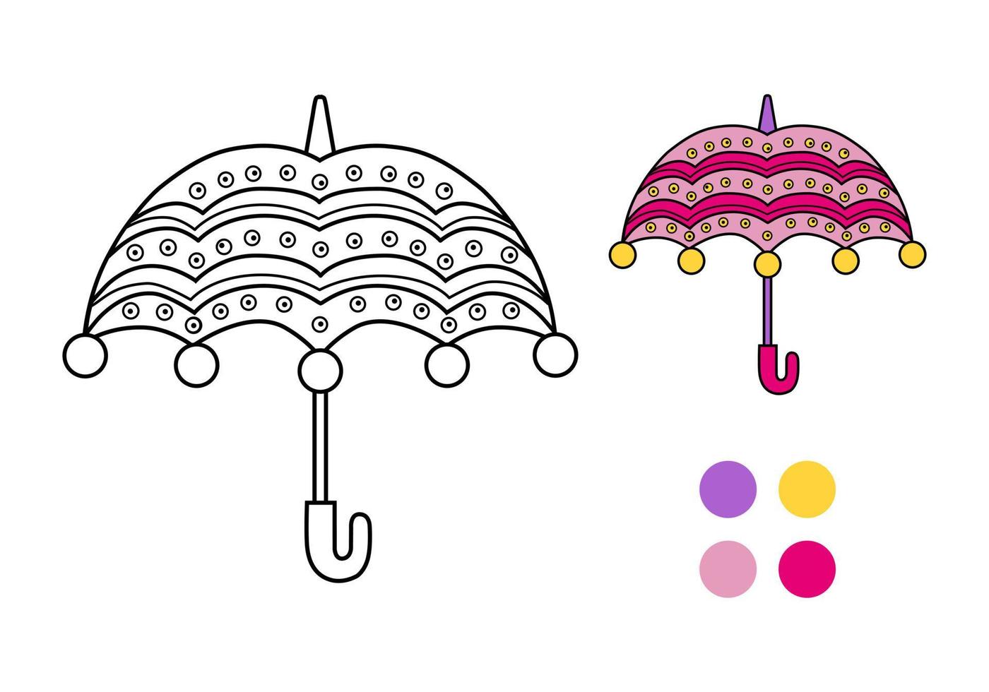 Regenschirm-Malbuch mit Beispiel zum Ausmalen. kindisch. Vektor-Illustration. vektor