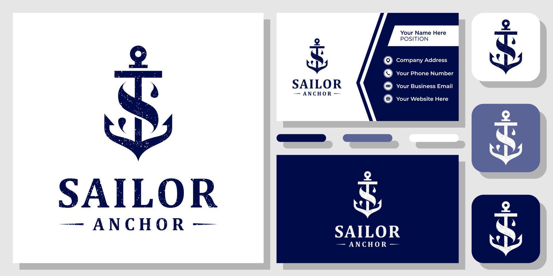 initial bokstav s sjöman ankare maritima marina fartyg nautiska logotyp design med visitkortsmall vektor