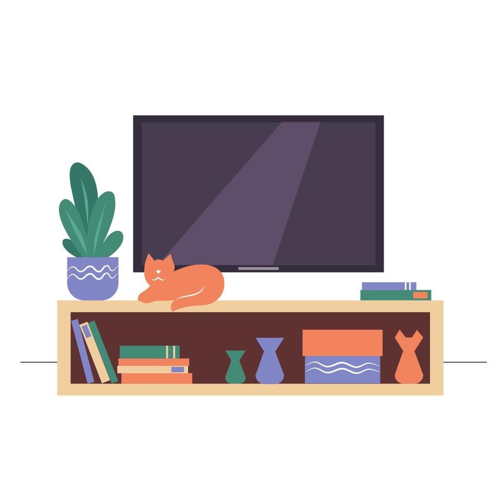 Fernseher und ein Regal mit Blumen, Büchern, Vasen und einer Katze. Wohnzimmer im flachen Stil. Vektor-Illustration. vektor