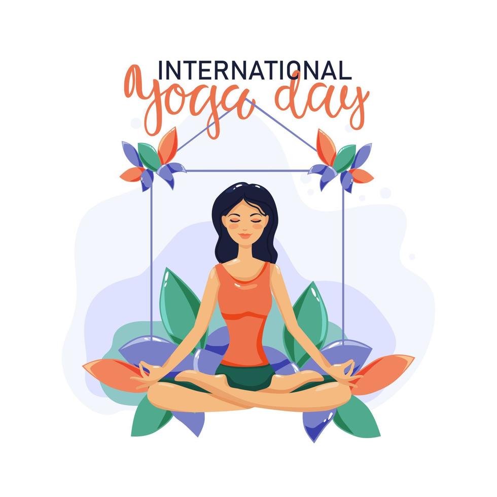 illustration av internationella yogadagen, 21 juni yoga kroppshållning, kvinna utövar yoga.vector illustration. vektor