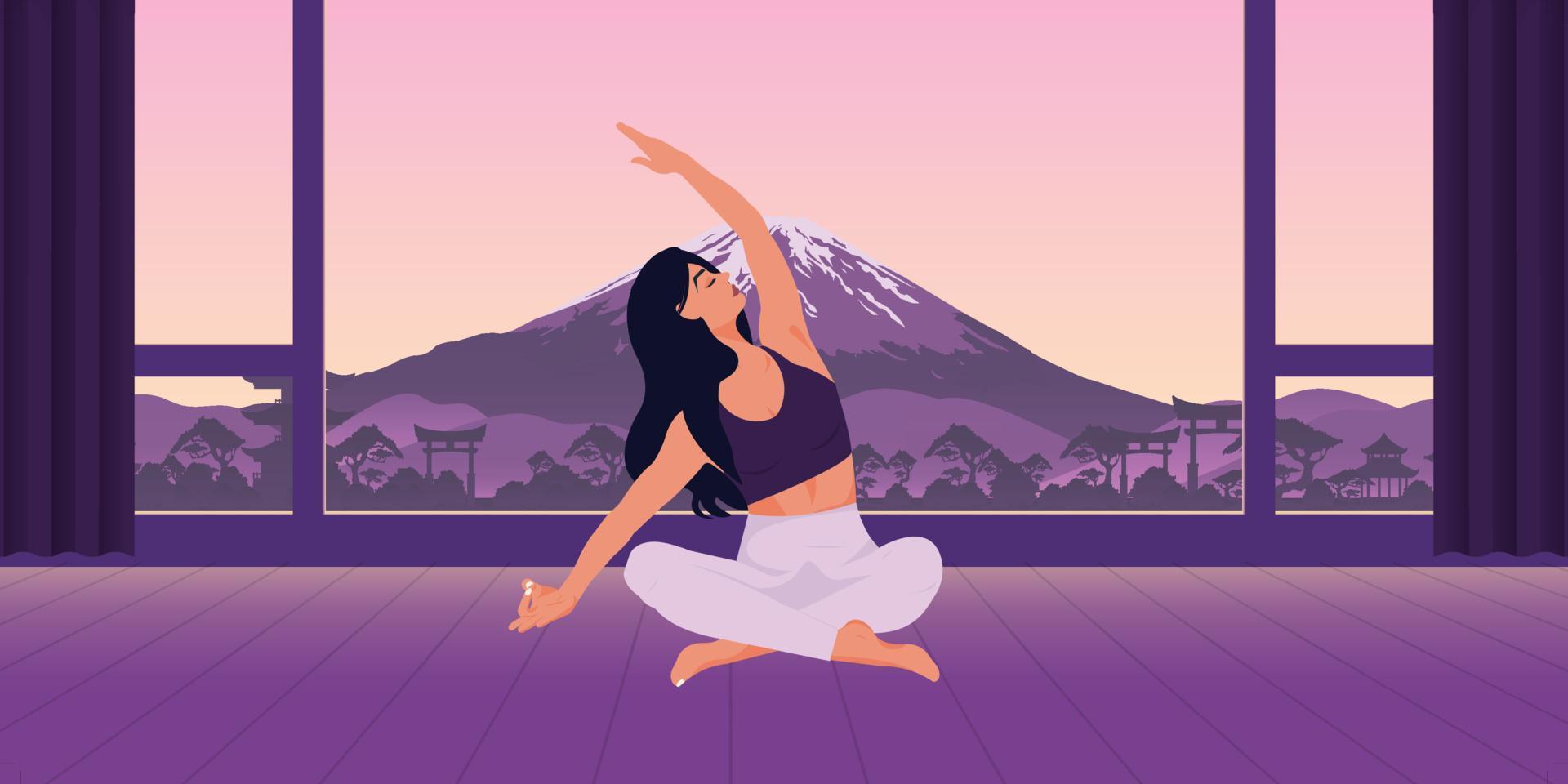 Vektorillustration, die eine Abendmeditation in der Natur darstellt. ein schönes Mädchen, das Yoga macht. asiatische Stadt und Berg im Hintergrund. vektor
