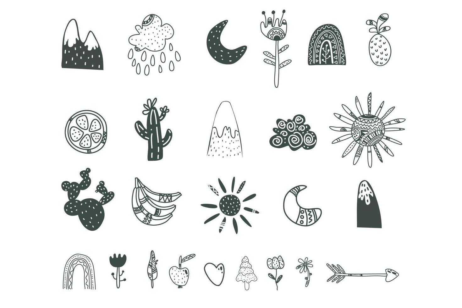 skandinavische kinderelemente. Doodle-Pflanzen im Scandi-Stil, Tiere, Früchte, Berge, Regenbogen-Vektor-Set. vektor