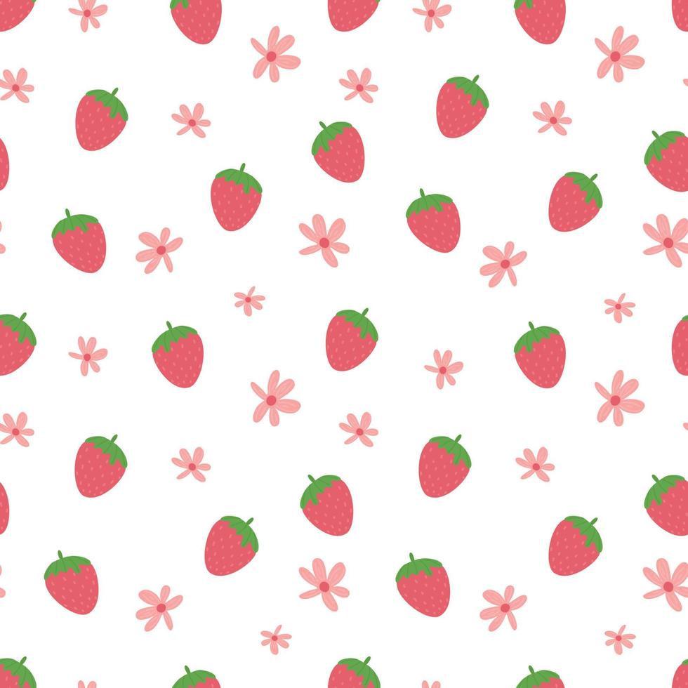 nahtloses muster der sommererdbeere. süßer einfacher frischer erdbeerhintergrund mit blumen. niedlicher Vektordruck im Cartoon-Stil für Textilien, Verpackungen vektor
