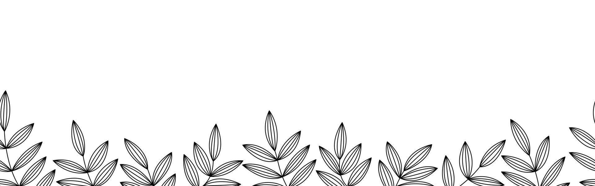 monokrom horisontell sömlös blom- och bladkant på en vit bakgrund. abstrakt lämna bakgrundsmönster. botanisk texturdesign för tryck, väggkonst och tapeter. vektor illustration