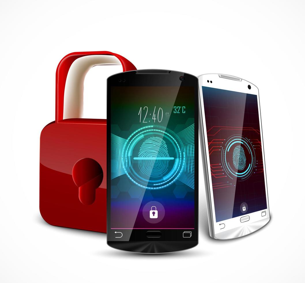 Zwei Smartphones mit einem Fingerabdruck und einem Vorhängeschloss, Konzept der Privatsphäre und Sicherheit. Vektor-3D-Illustration vektor