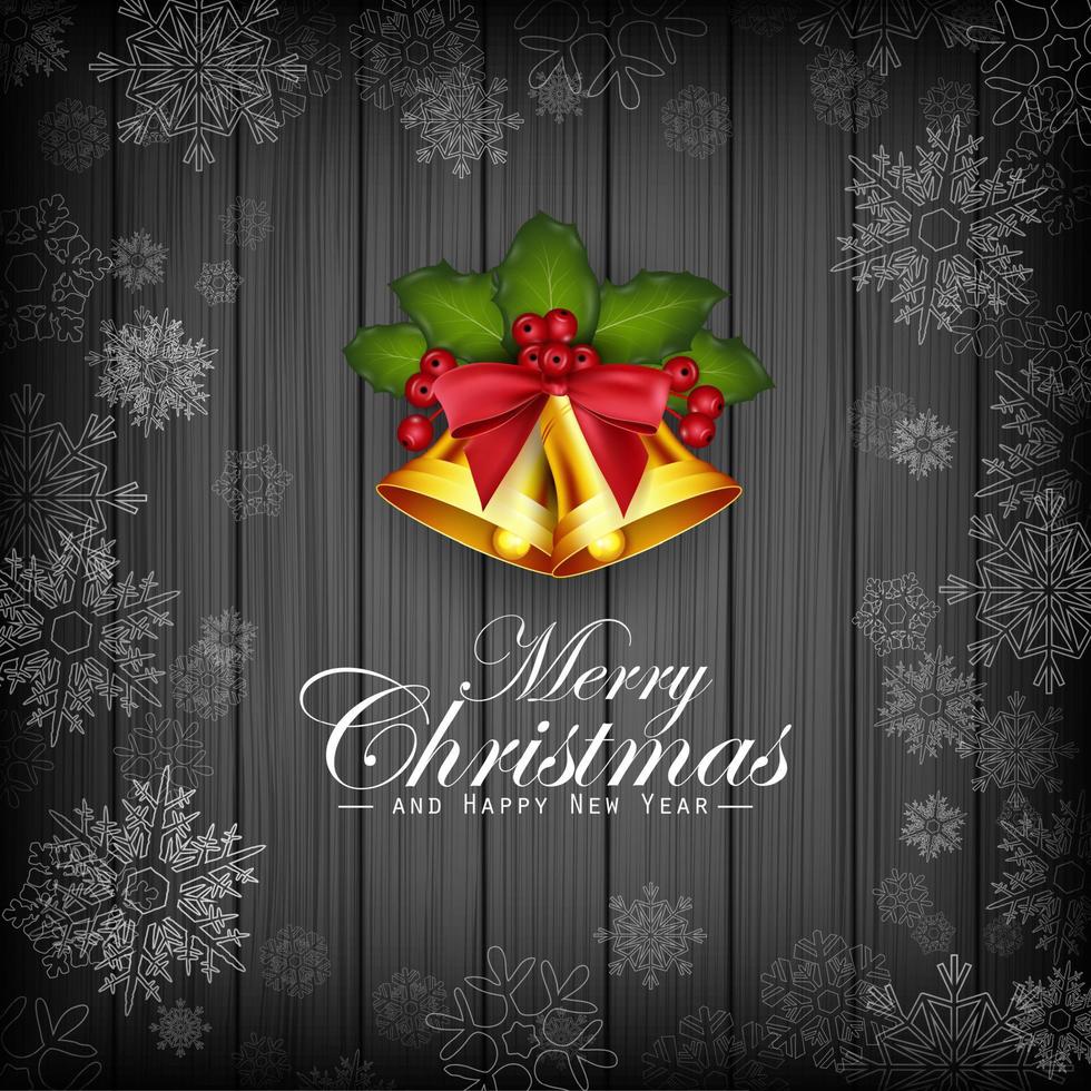 jul mörk trä bakgrund med snöflingor, holly och guld klockor vektor