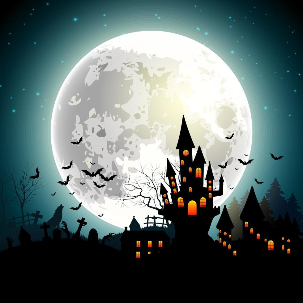 Halloween-Hintergrund mit Spukschloss, Fledermäuse bei Vollmond. Vektor-Illustration vektor