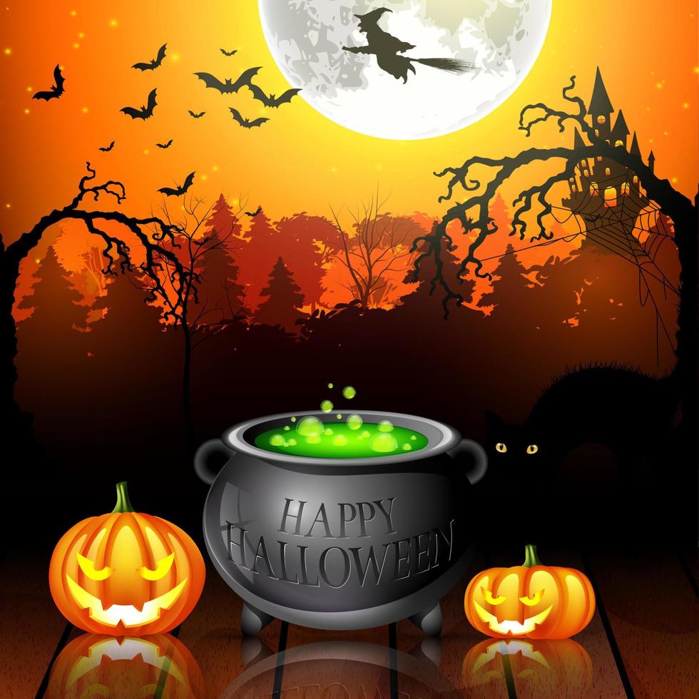 halloween-partyhintergrund mit kürbissen, topf und fliegenden hexen bei vollmond .vektorillustration vektor