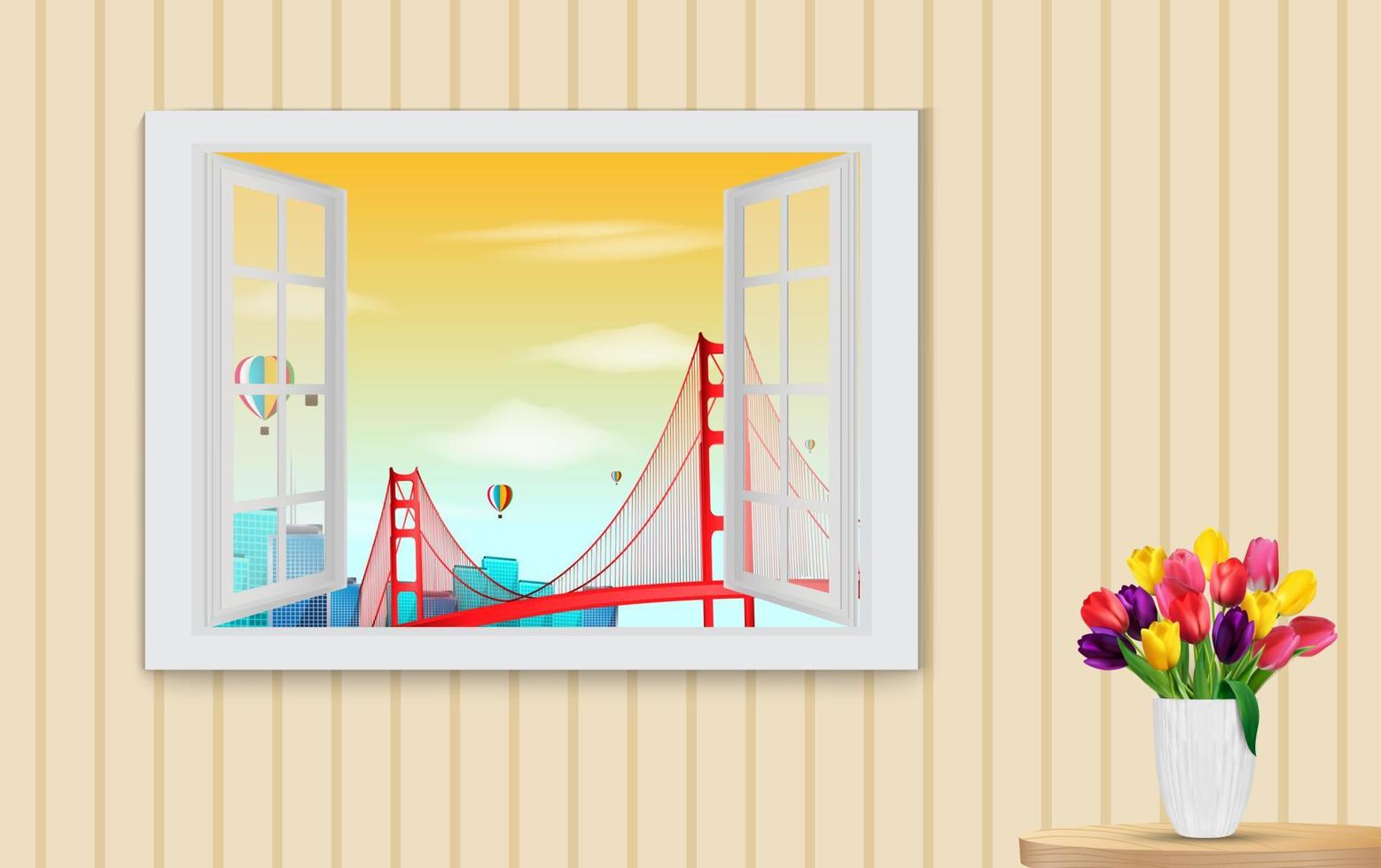 Geöffnetes Holzfenster und Blick auf die Golden Gate Bridge vektor